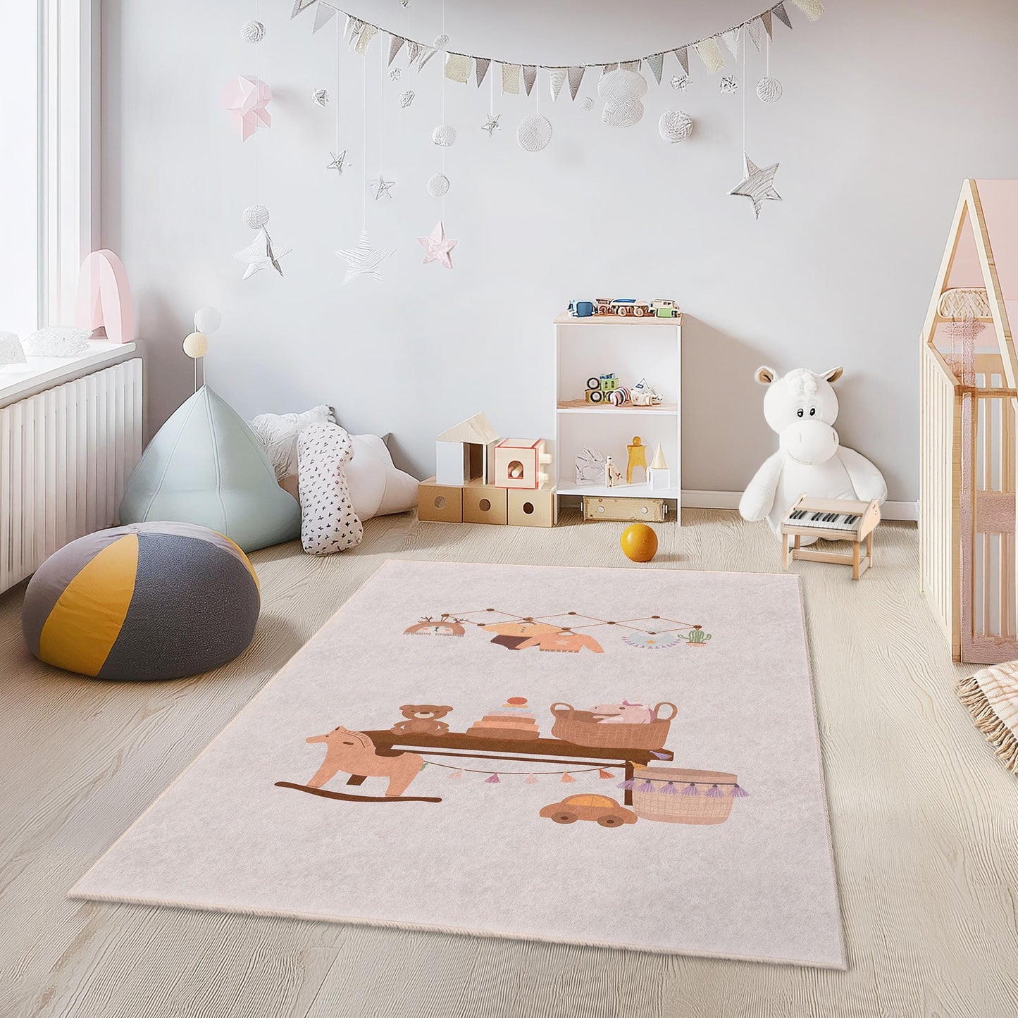 Cute Pastel Nursery Decor Rug, Adorable Kids Room Carpet, Rectangle Play Mat, Soft Baby Room Rug, Interactive Toddler Rug