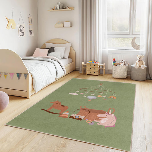 Whimsical Cloud and Toy Mobile Design Kids Rug, Rectangle Nursery Carpet, Soft Play Mat for Childrens Room Decor