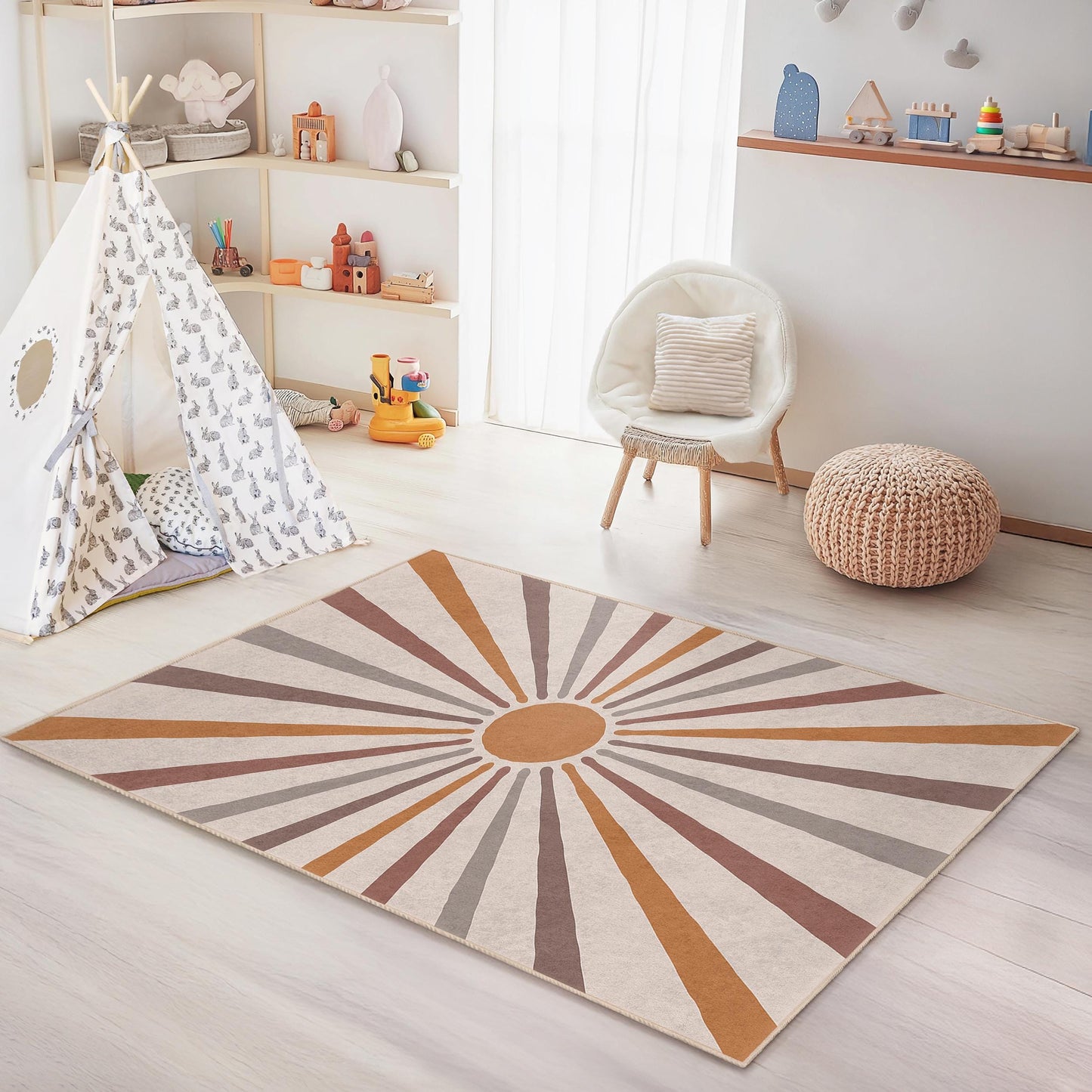 Retro Sunburst Pattern Kids Rectangular Rug, Colorful Nursery Carpet, Modern Playroom Decor, Soft Children's Room Area Mat, Kids Room Rug