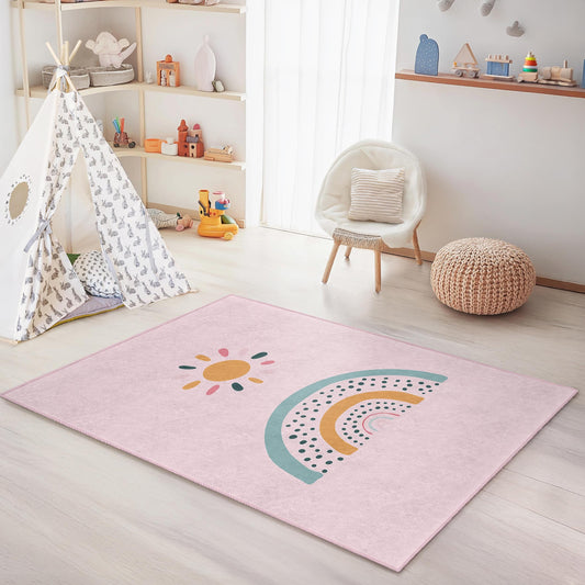 Rainbow and Sun Rectangle Kids Rug, Colorful Playroom Carpet, Nursery Decor, Soft Toddler Rug, Kids Room Accessories