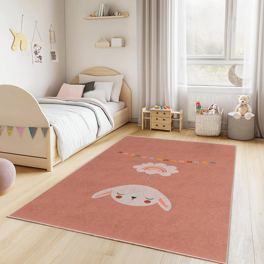 Bunny Rainbow Kids Rug: Soft Nursery Playroom Carpet