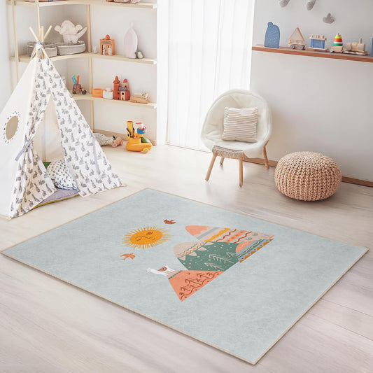 Mountain Sun Kids Area Rug, Rectangular Playroom Carpet, Soft Nursery Rug, Kids Room Decor, Nature Theme Rug, Play Mat for Children