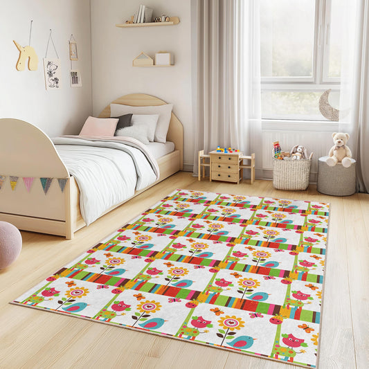 Colorful Owl and Flower Pattern Rectangular Kids Rug, Cute Nursery Carpet, Playroom Decor, Soft Kids Room Rug, Adorable Childrens Carpet