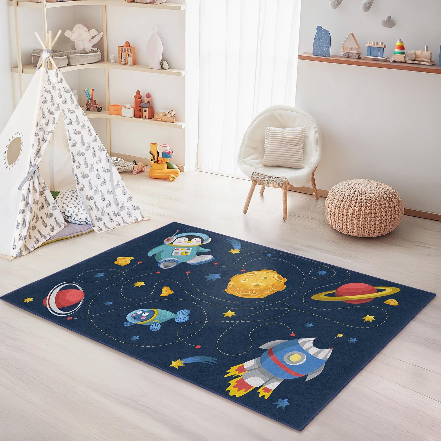 Space Adventure Rectangular Kids Rug, Astronaut and Rocket Themed Carpet, Children Room Decor, Playroom Rug, Galaxy Floor Mat