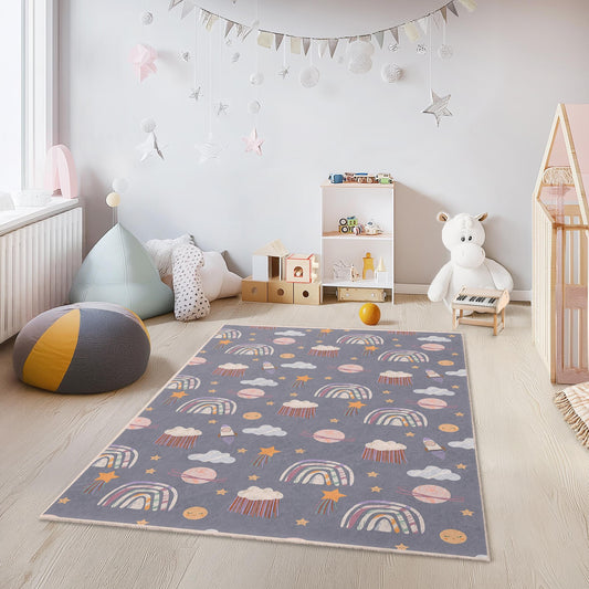 Colorful Rainbow Clouds Kids Rectangular Rug, Playroom Carpet, Nursery Decor, Childrens Room Flooring, Soft Play Mat