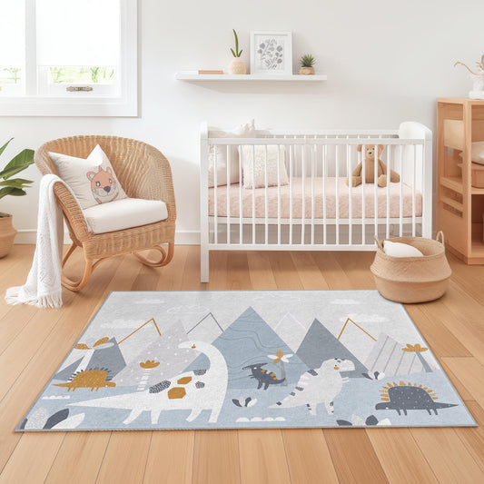 Dinosaur Adventure Kids Rug, Cute Dinosaur Theme Rectangle Rug for Children's Room, Soft Playroom Carpet, Nursery Decor