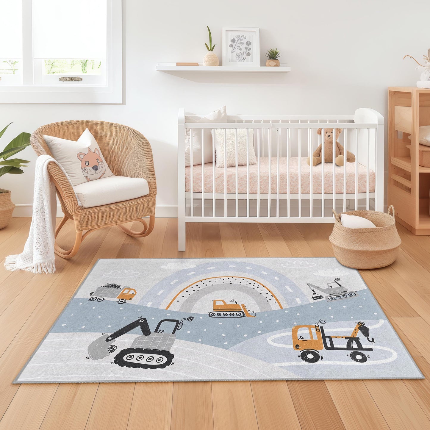 Construction Themed Kids Rug, Excavator and Dump Truck Play Mat, Rectangle Kids Room Carpet, Soft Nursery Decor, Playroom Essentials