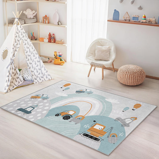 Construction Zone Kids Rug, Excavator and Truck Design, Rectangular Play Rug, Soft Nursery Carpet, Kids Room Decor