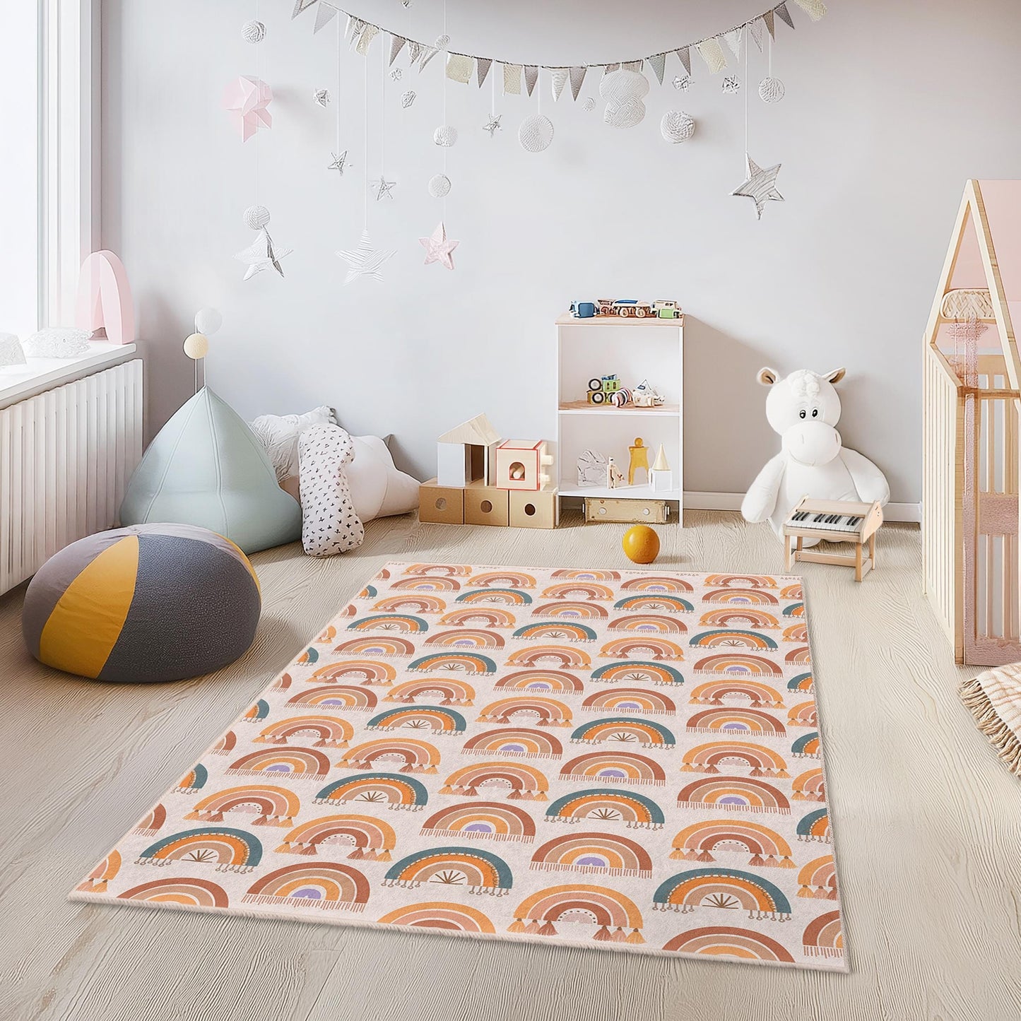 Rainbow Pattern Rectangular Kids Rug, Colorful Nursery Carpet, Playroom Decor, Soft Children's Rug, Rainbow Design Rug