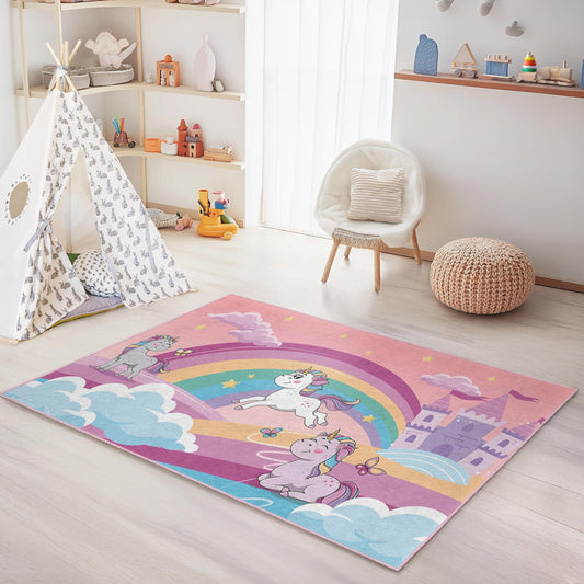 Magical Unicorn Rainbow Rectangular Kids Rug, Colorful Unicorn Carpet, Playroom Decor, Nursery Rug, Fantasy Themed Carpet