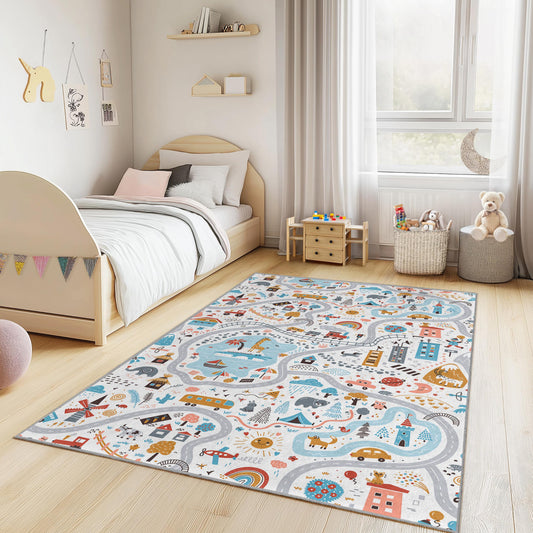 Colorful Adventure Road Map Rectangle Kids Rug, Playroom Carpet, Nursery Decor, Childrens Room Rug, Soft Play Mat for Kids