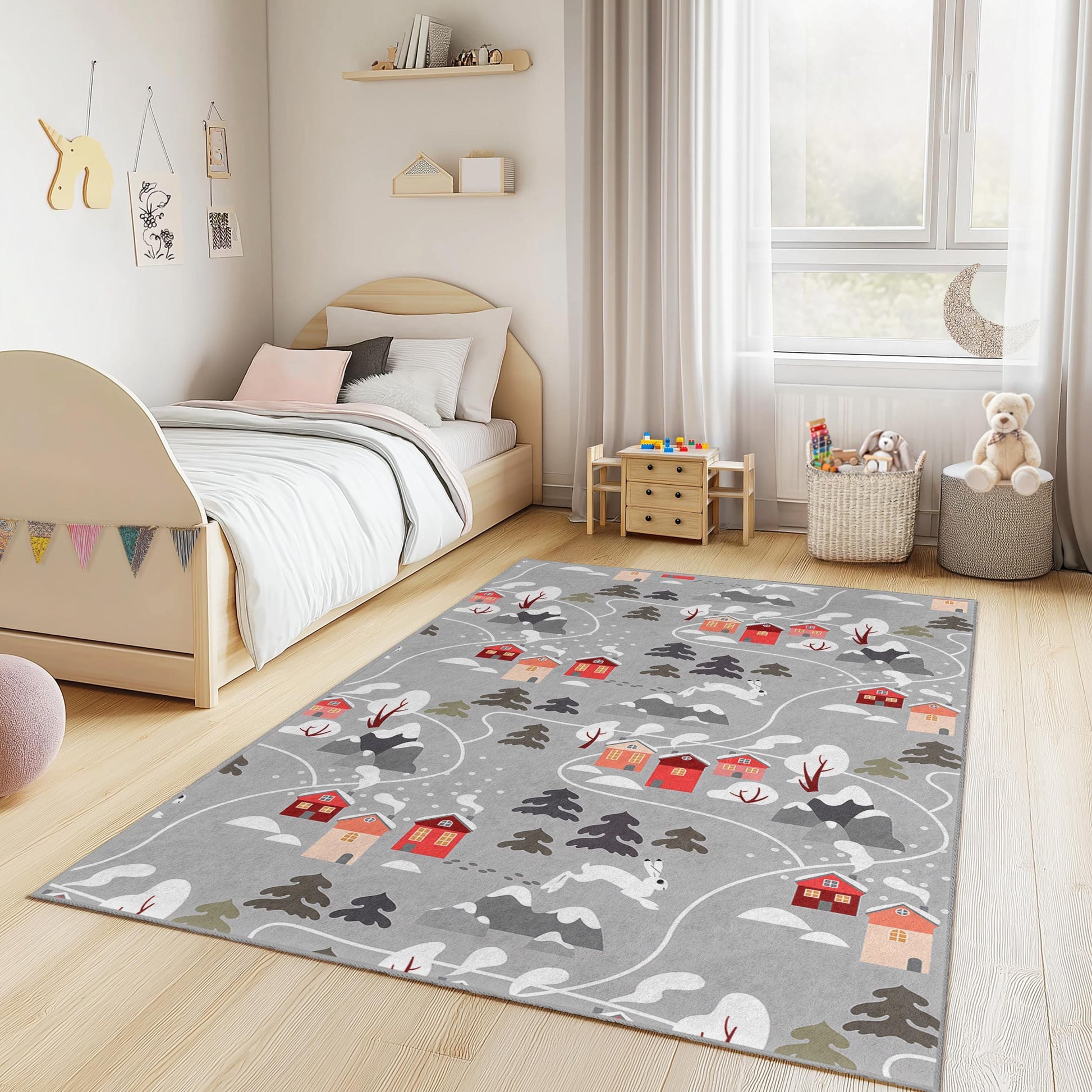 Cozy Winter Village Rectangular Kids Rug, Snowy Landscape Rug, Children's Playroom Decor, Kids Room Carpet, Soft Family Rug