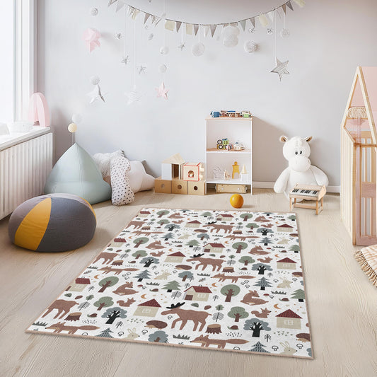 Whimsical Woodland Animal Kids Rug, Rectangular Forest Theme Carpet, Children Room Decor, Cute Animal Play Mat, Nursery Rug