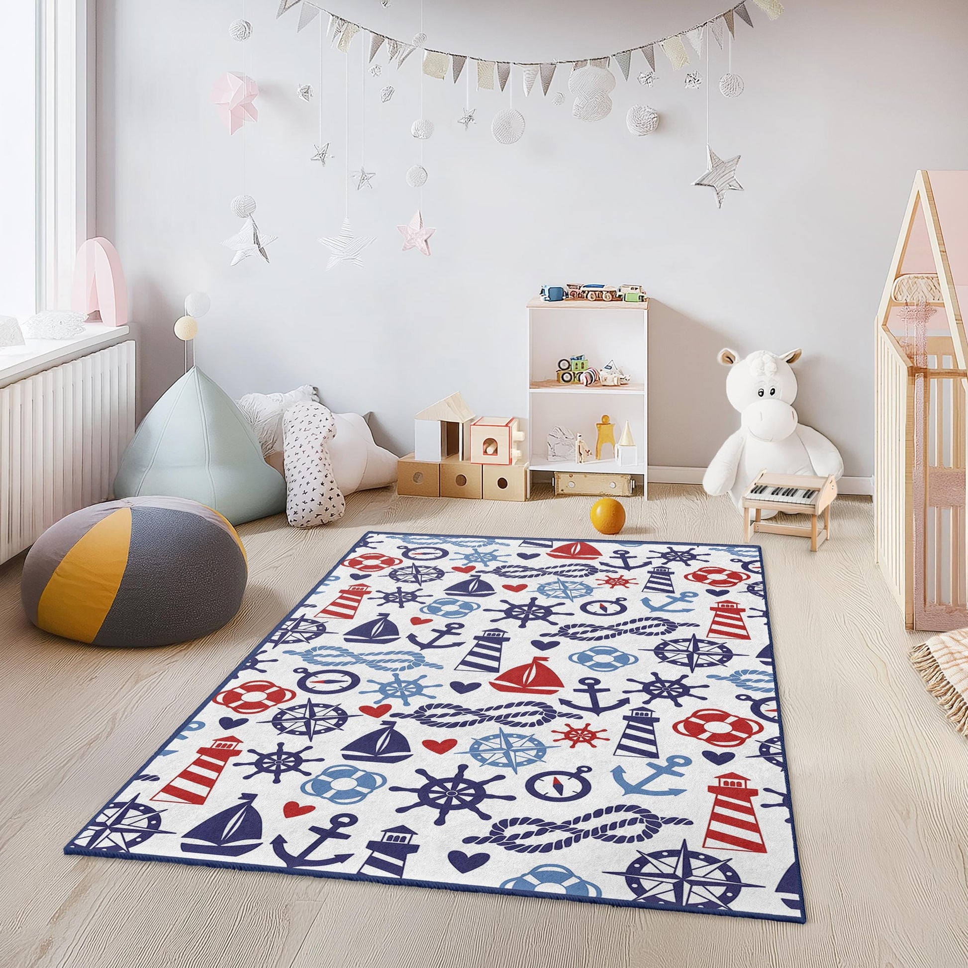 Nautical Adventure Kids Rug, Sailboat Pattern Rectangle Carpet, Sea Theme Kids Room Decor, Maritime Play Mat for Children