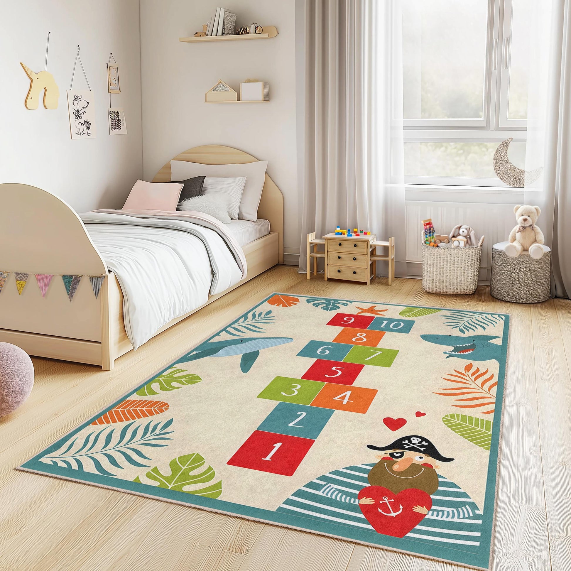 Colorful Pirate Adventure Kids Rug, Hopscotch Play Mat, Rectangular Kids Room Carpet, Fun Shark Decor, Nautical Nursery Rug