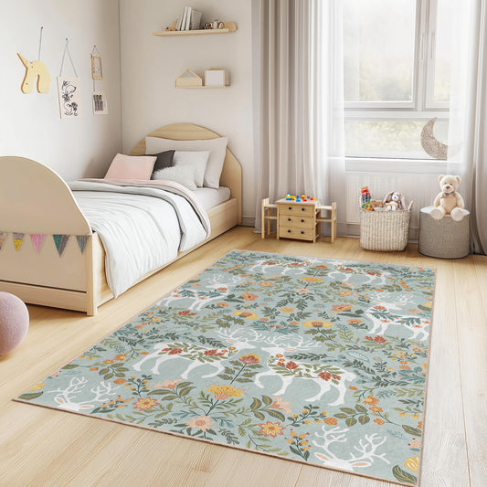 Floral Deer Pattern Rectangular Kids Rug, Nature Inspired Kids Carpet, Playroom Floor Mat, Nursery Rug, Floral Decor