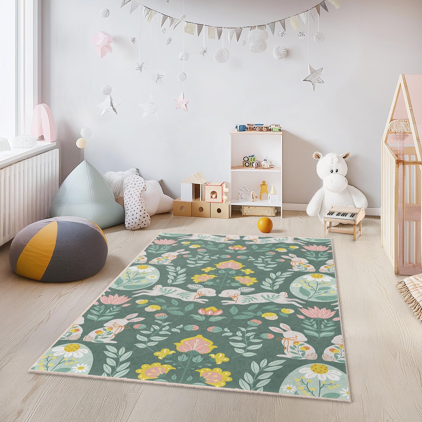 Floral Bunny Pattern Kids Rug, Rectangular Kids Room Carpet, Playroom Decor, Nursery Rug, Cute Animal Rug, Childrens Area Rug