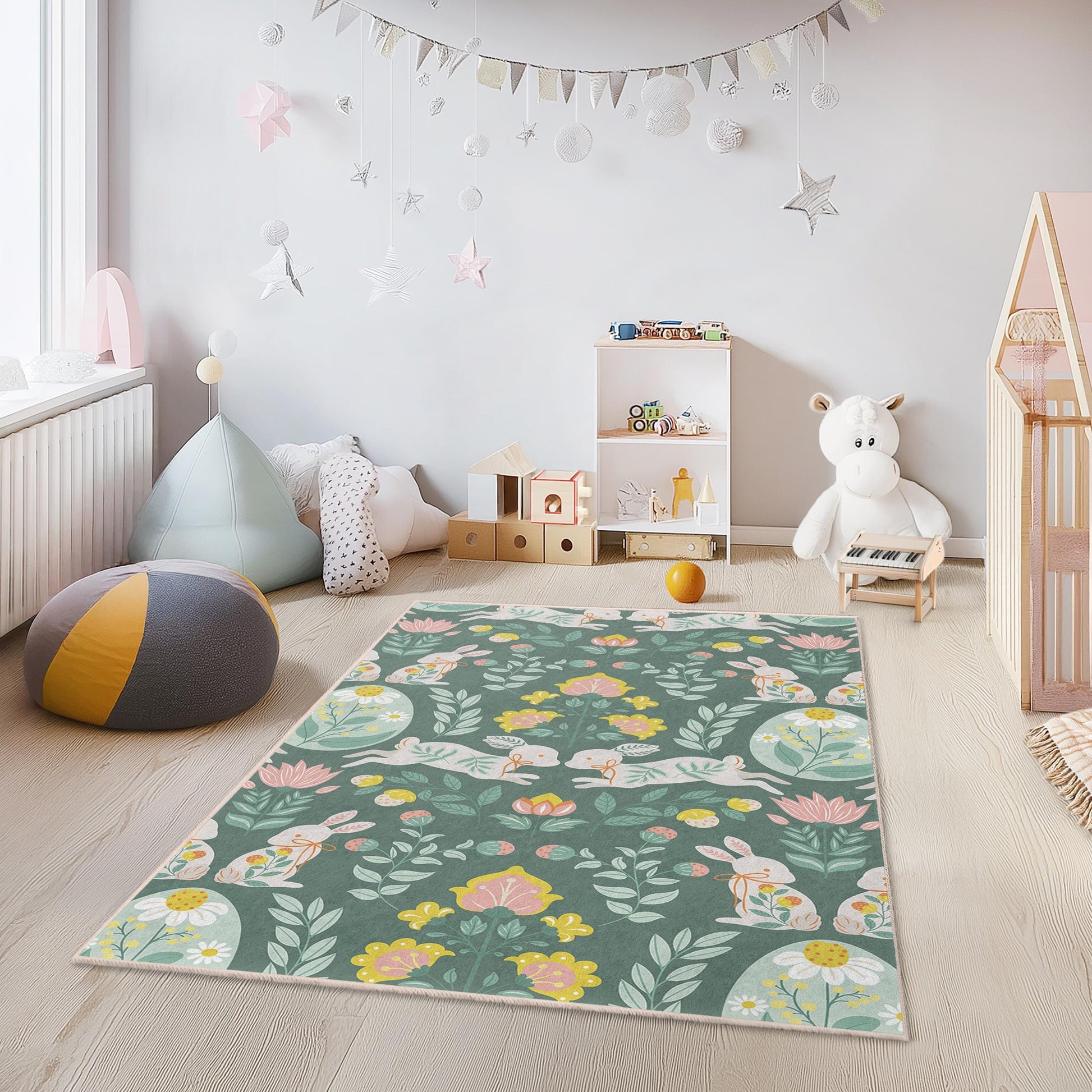 Floral Bunny Pattern Kids Rug, Rectangular Kids Room Carpet, Playroom Decor, Nursery Rug, Cute Animal Rug, Childrens Area Rug