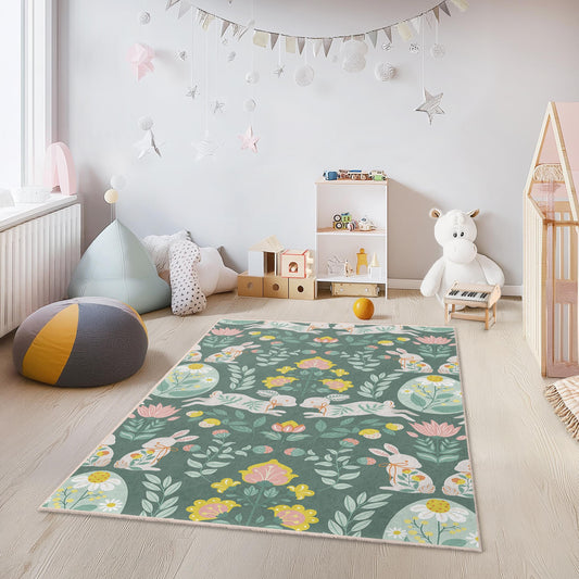 Floral Bunny Pattern Kids Rug, Rectangular Kids Room Carpet, Playroom Decor, Nursery Rug, Cute Animal Rug, Childrens Area Rug