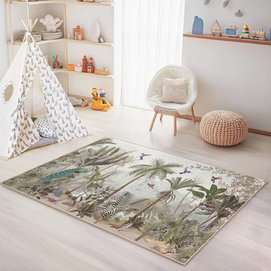 Tropical Paradise Kids Room Rug, Rectangular Floral Carpet, Nature Inspired Rug, Jungle Themed Playroom Decor, Kids Bedroom Rug