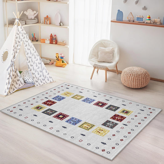 Colorful Geometric Pattern Rectangular Kids Rug, Playroom Rug, Nursery Decor, Soft Area Rug for Children's Rooms
