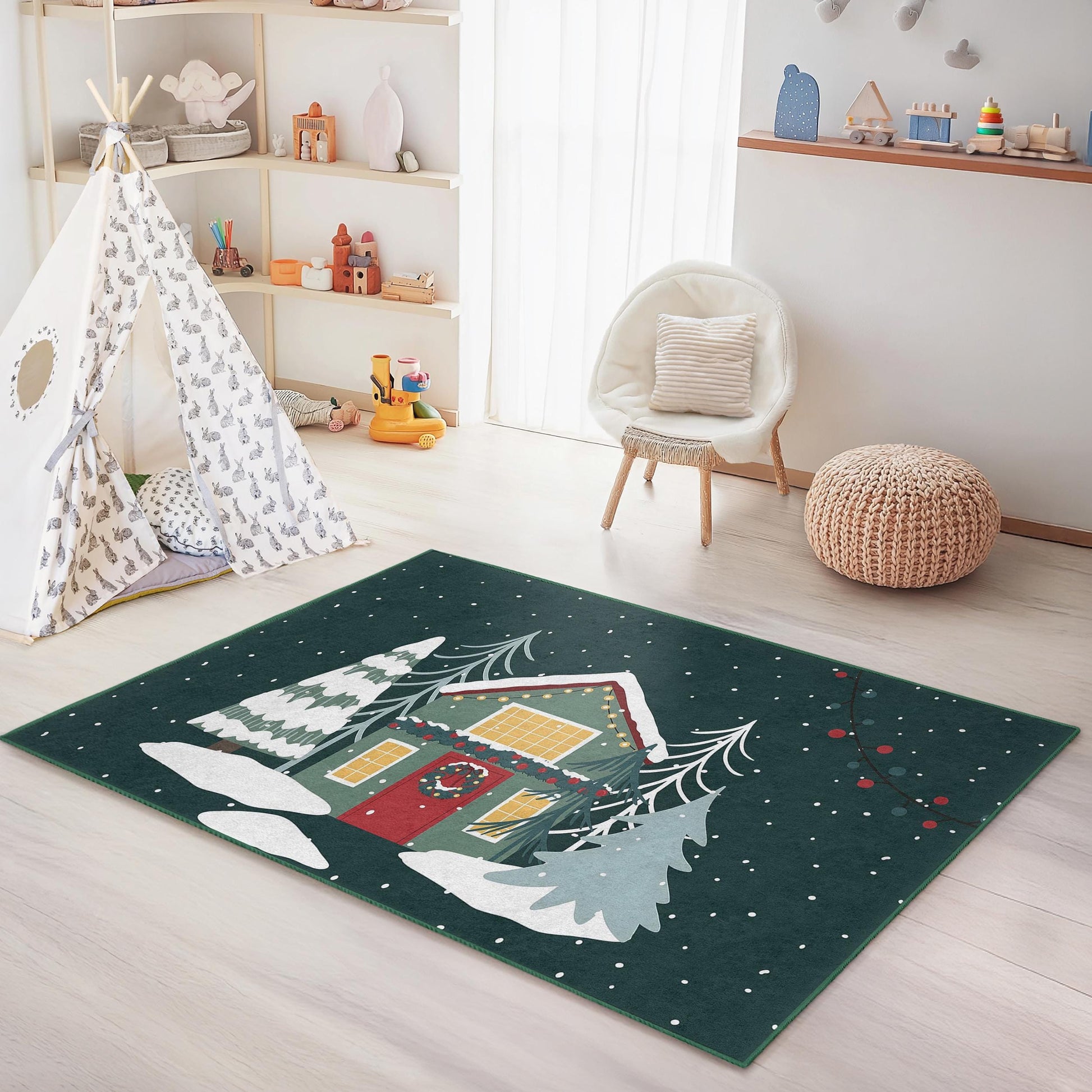 Winter Wonderland Rectangular Kids Rug, Cozy Holiday Home Decor, Christmas Themed Carpet for Children's Room, Soft Play Mat
