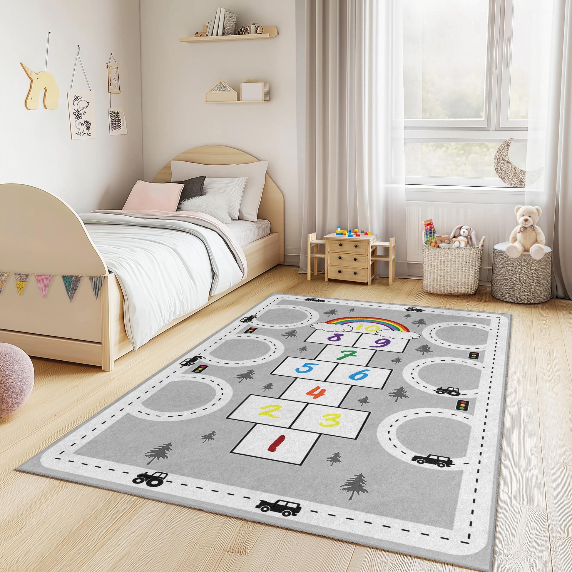 Rainbow Hopscotch Kids Rug, Interactive Play Mat for Children, Soft Rectangle Rug, Nursery Decor, Playroom Carpet, Educational Rug