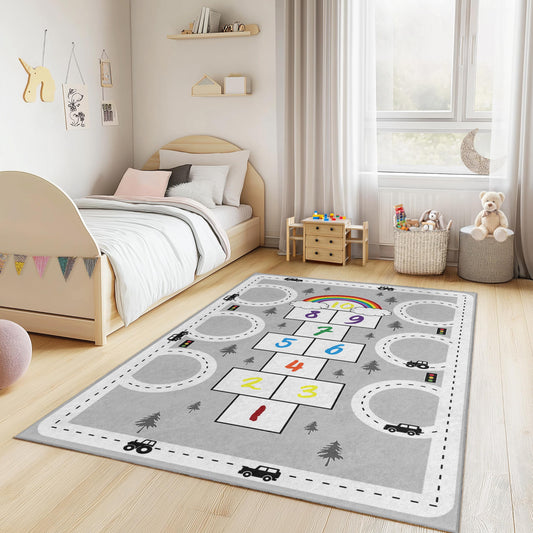 Rainbow Hopscotch Kids Rug, Interactive Play Mat for Children, Soft Rectangle Rug, Nursery Decor, Playroom Carpet, Educational Rug