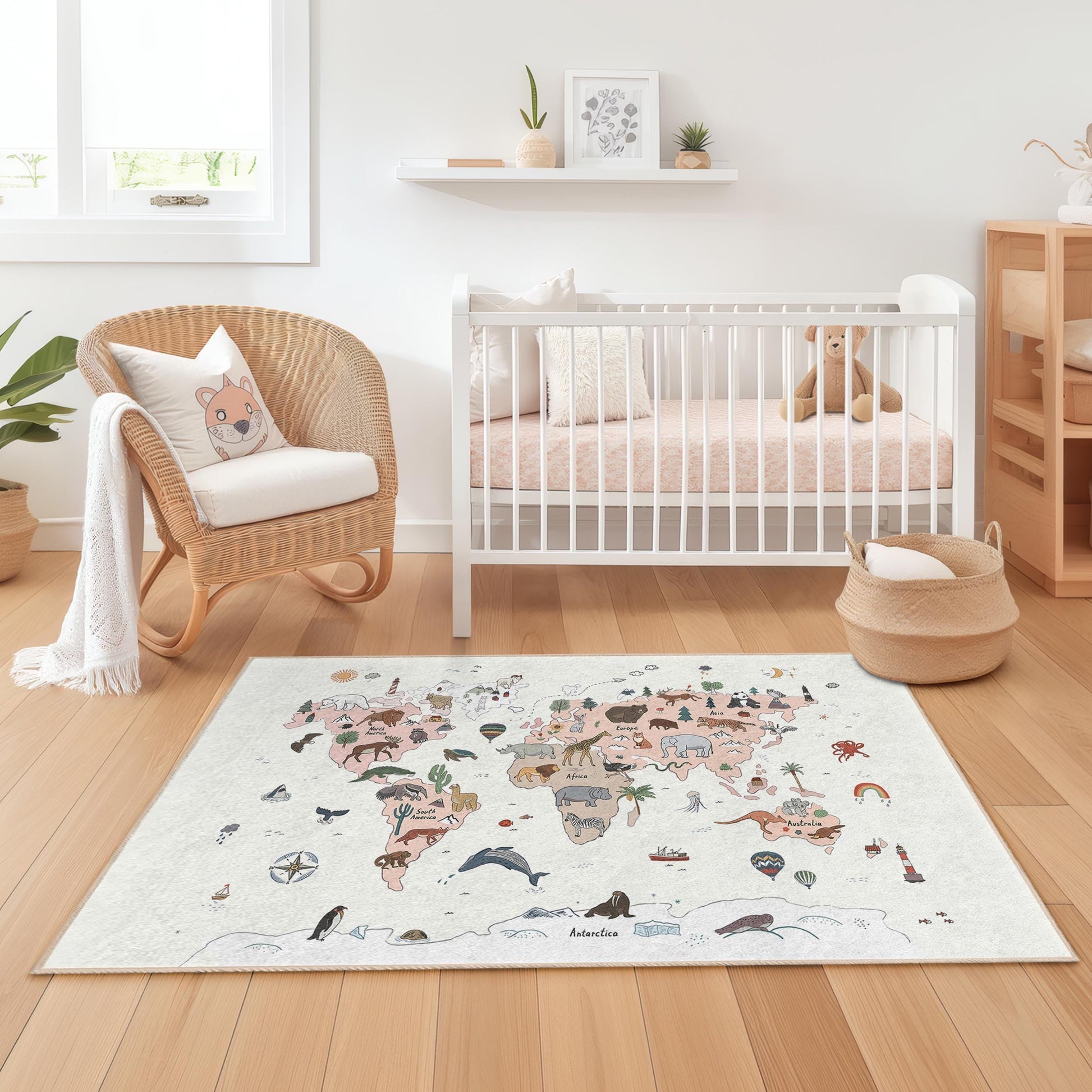 Whimsical Animal Map Kids Rug, Colorful Animal Themed Rug, Fun Playroom Carpet, Rectangular Kids Room Decor, Nursery Rug