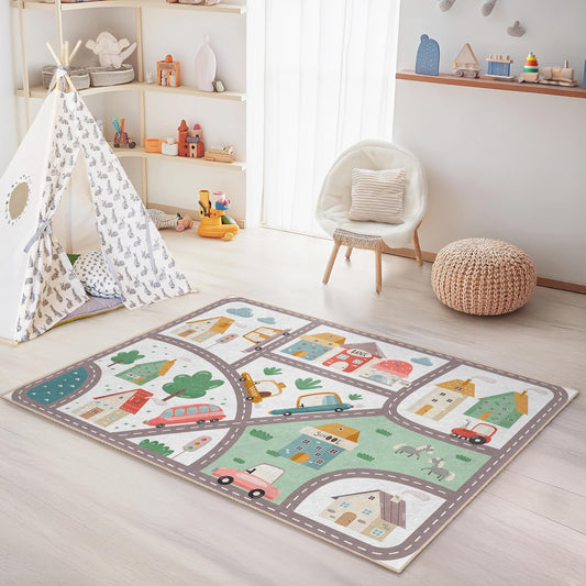 Colorful City Map Kids Rug, Playroom Rectangle Carpet, Soft Nursery Rug, Interactive Play Mat, Toddler Room Decor, Children's Play Rug