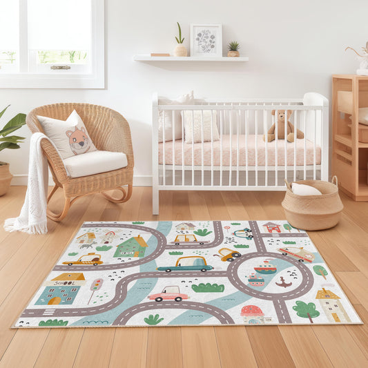 Colorful Road Map Kids Rug, Rectangle Play Mat for Children's Room, Fun Interactive Carpet, Nursery Decor, Playroom Essentials