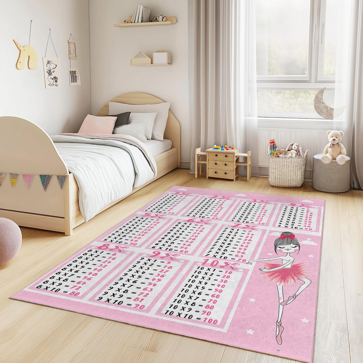 Pink Ballerina Multiplication Table Rug, Kids Room Decor, Rectangle Area Rug for Nursery, Playroom, Educational Carpet