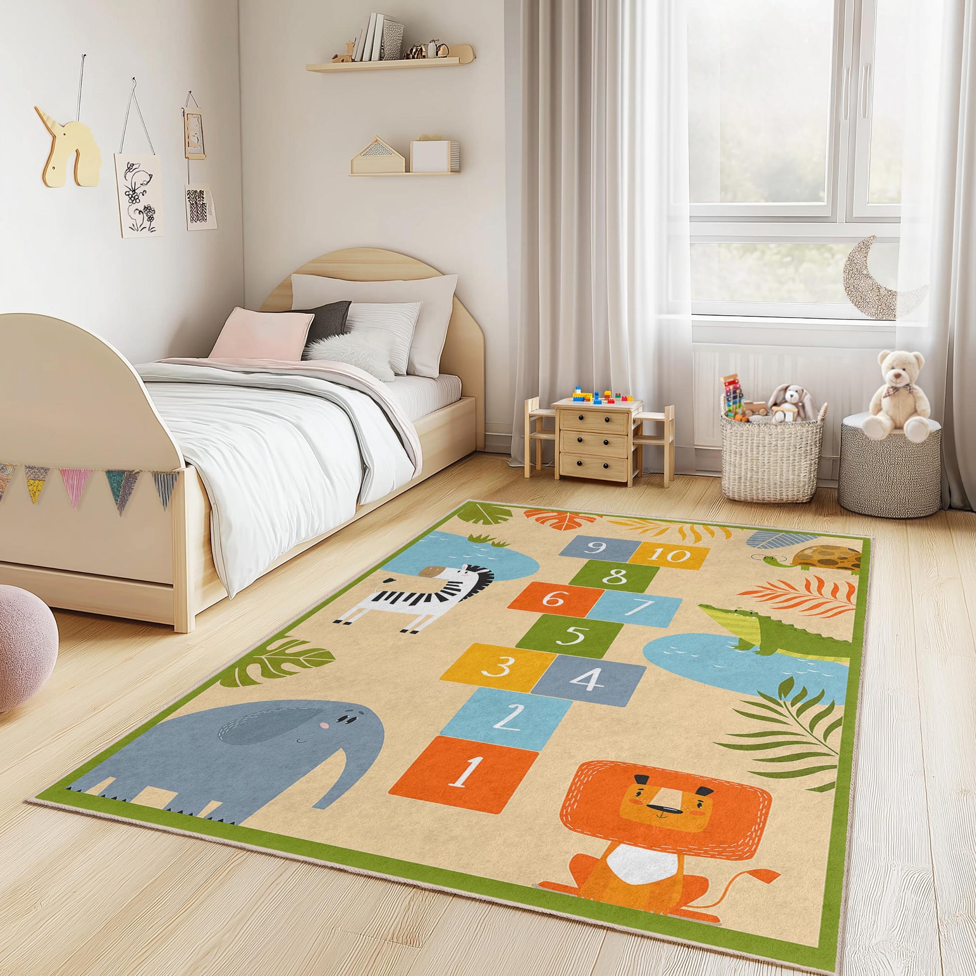 Jungle Adventure Kids Play Rug, Hopscotch Animal Rug, Rectangle Rug for Kids Room, Jungle Decor, Soft Play Mat