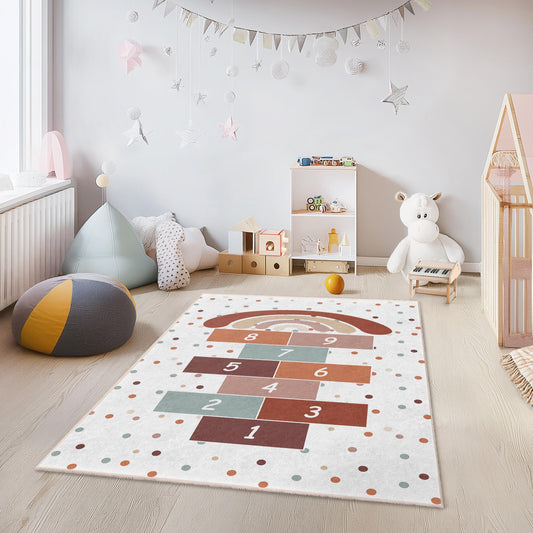 Colorful Hopscotch Play Rug for Kids Room, Fun Rectangular Carpet, Soft Children's Playmat, Nursery Decor with Rainbows