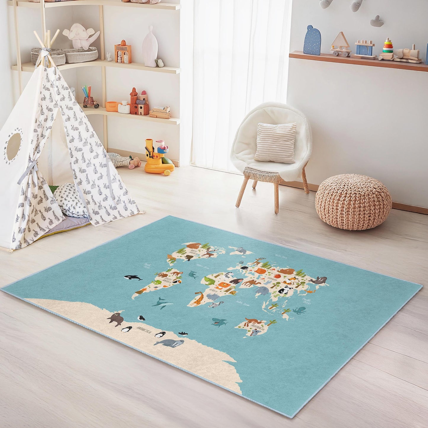 Animal World Map Educational Rug for Kids, Rectangular Kids Play Mat, Animal Themed Nursery Decor, Fun Learning Carpet