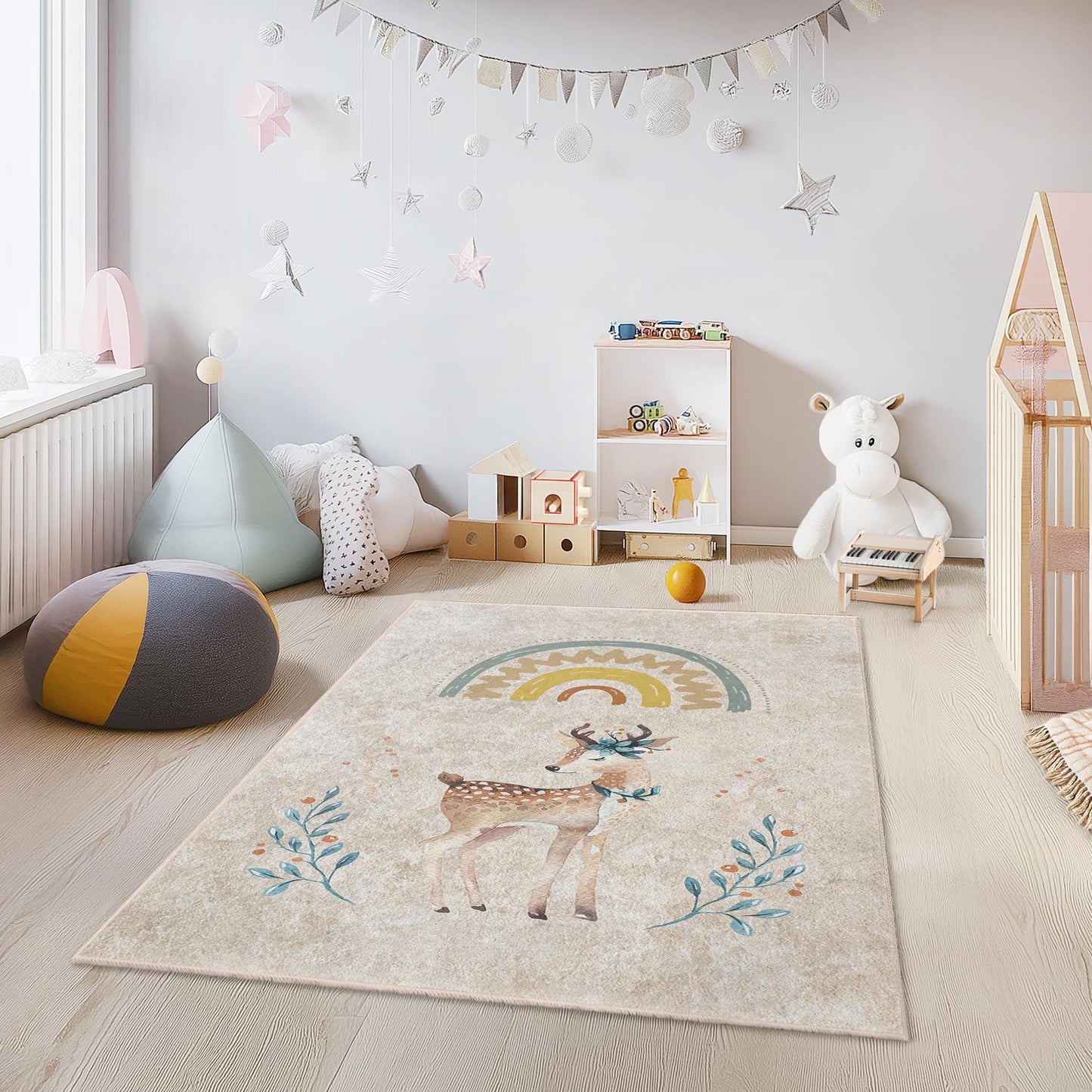 Adorable Deer and Rainbow Kids Rug, Rectangular Playroom Carpet, Nursery Decor, Soft Play Mat for Children's Room