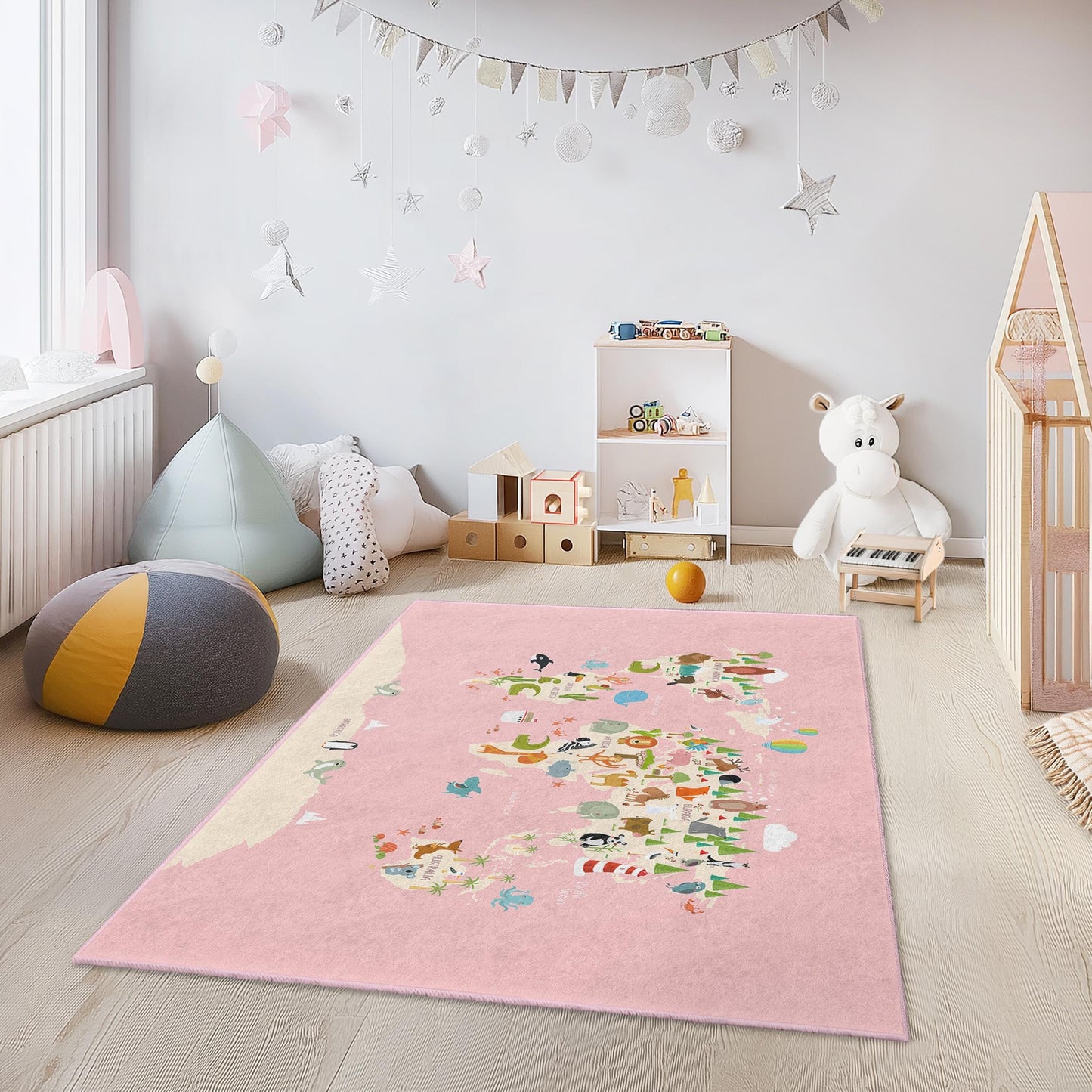 Rosa Spielteppich mit Tiermotiven, rechteckig, für Kinder, niedliches Tierdesign, Kinderzimmerdeko, weicher Kinderteppich
