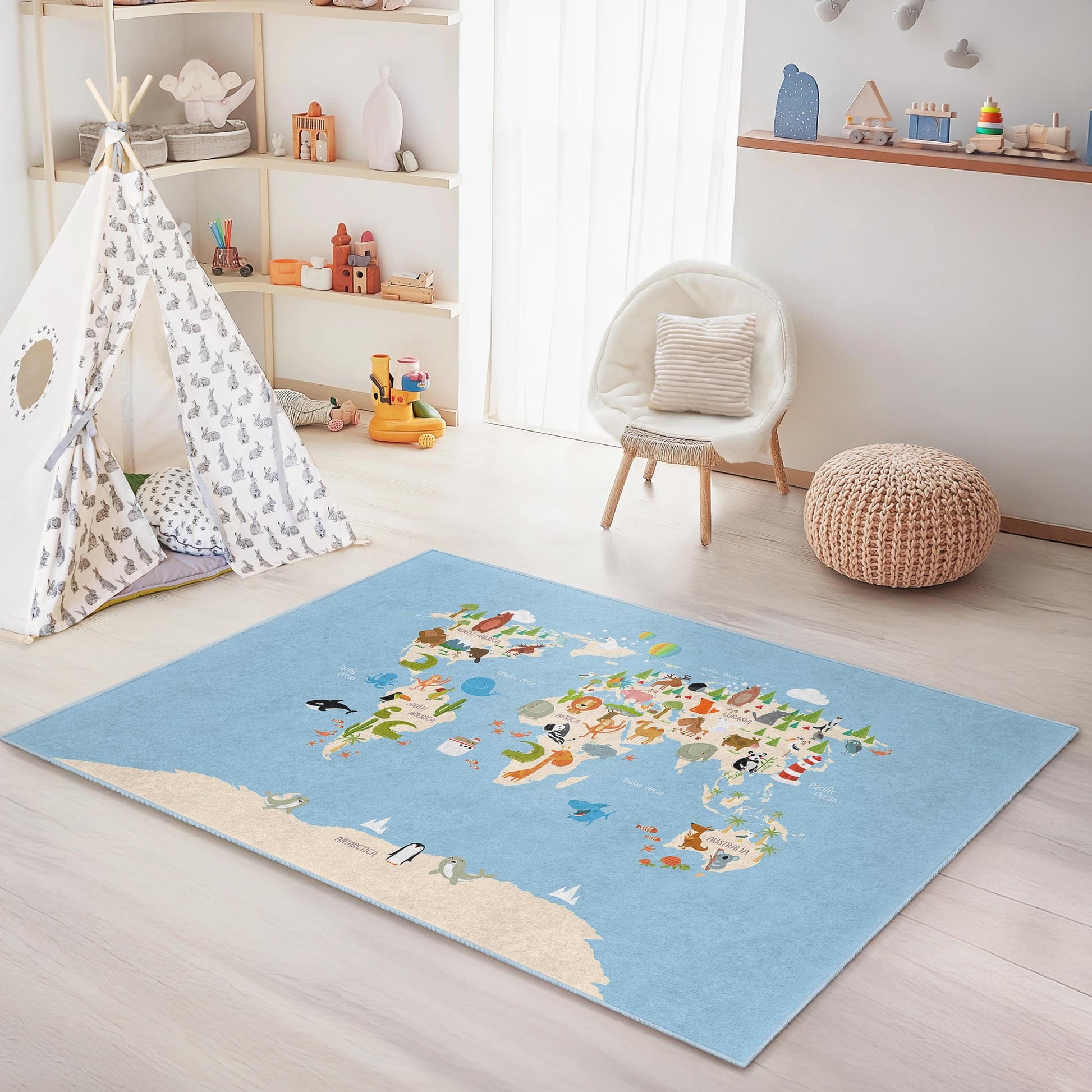 World Map Kids Play Rug, Interactive Animal Learning Carpet, Rectangular Playroom Decor, Educational Kids Area Rug