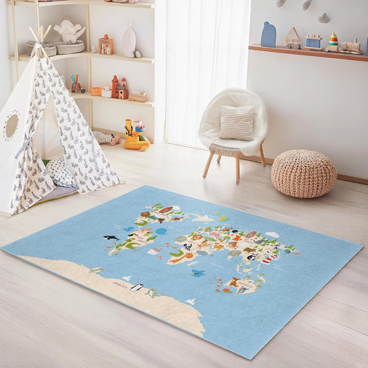 World Map Kids Play Rug, Interactive Animal Learning Carpet, Rectangular Playroom Decor, Educational Kids Area Rug