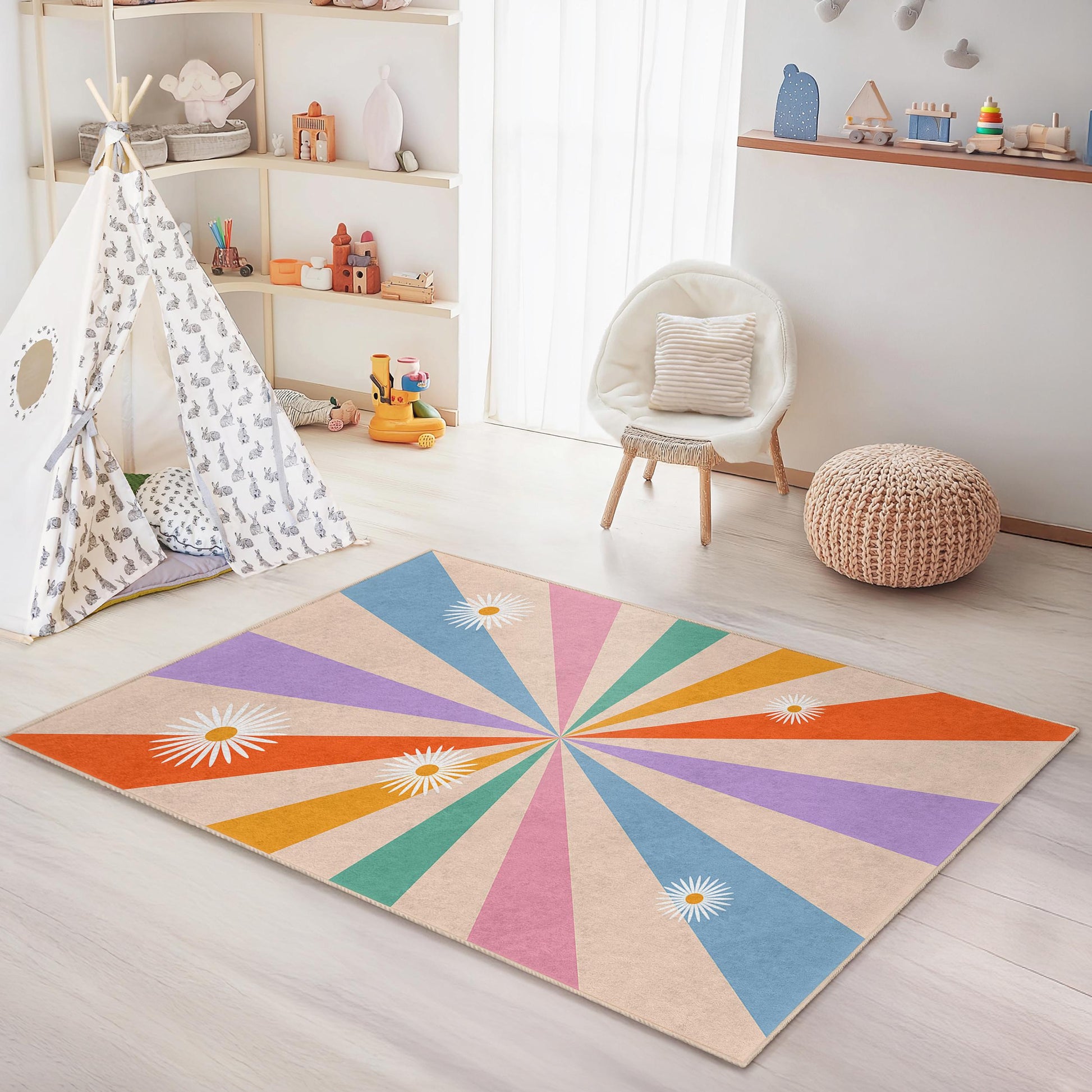Colorful Sunburst Pattern Kids Area Rug, Rectangular Playroom Carpet, Flower Design Nursery Rug, Modern Kids Room Decor