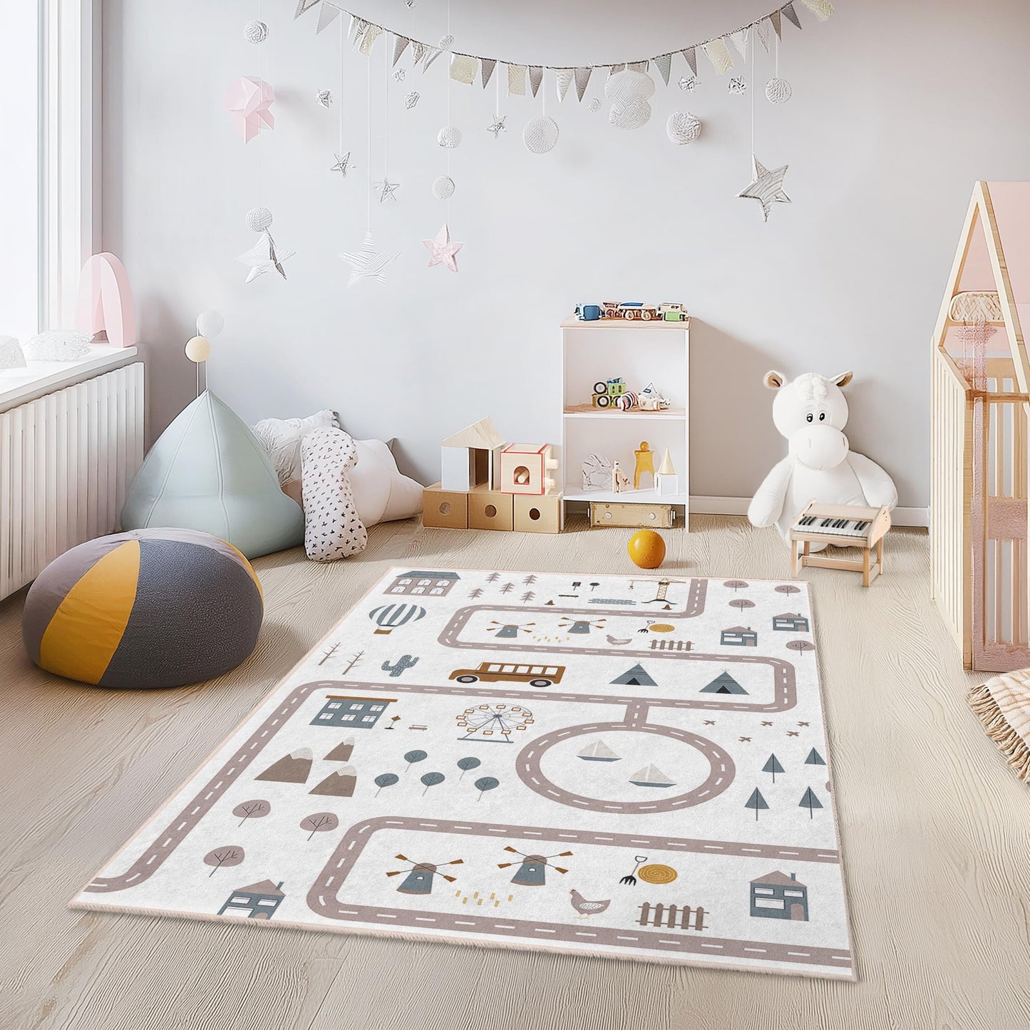 Whimsical Road Map Kids Rug, Playful Rectangle Carpet for Children's Room, Soft Play Mat for Nursery Decor, Interactive Kids Play Rug