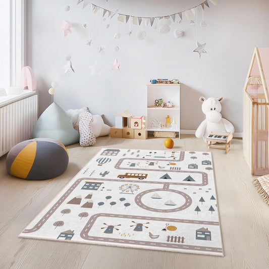Whimsical Road Map Kids Rug, Playful Rectangle Carpet for Children's Room, Soft Play Mat for Nursery Decor, Interactive Kids Play Rug