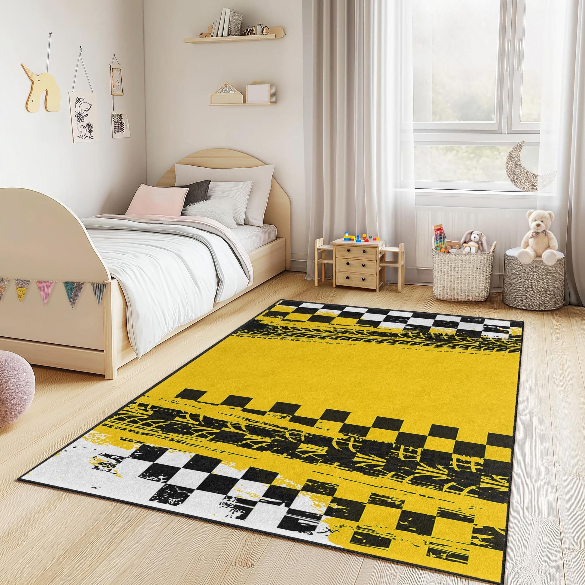 Race Track Inspired Kids Rug, Yellow and Black Checkered Play Mat, Rectangular Carpet for Children's Room, Fun Racing Theme Decor