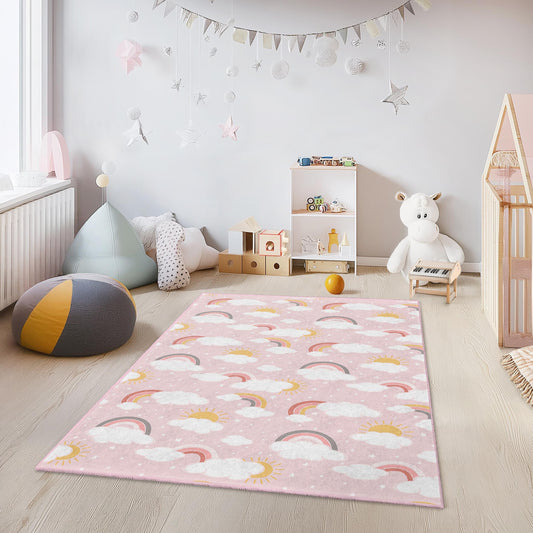Rainbow Clouds Kids Play Rug, Rectangle Kids Carpet, Soft Nursery Rug, Colorful Playroom Decor, Childrens Room Flooring