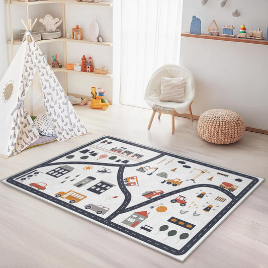 Colorful City Road Play Rug for Kids, Interactive Road Map Carpet, Fun Childrens Play Mat for Nursery, Playroom, and Bedroom