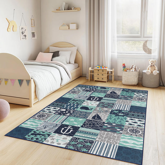 Nautical Themed Rectangle Kids Rug, Ocean Adventure Play Rug, Whale & Sailboat Carpet, Sea Life Nursery Decor