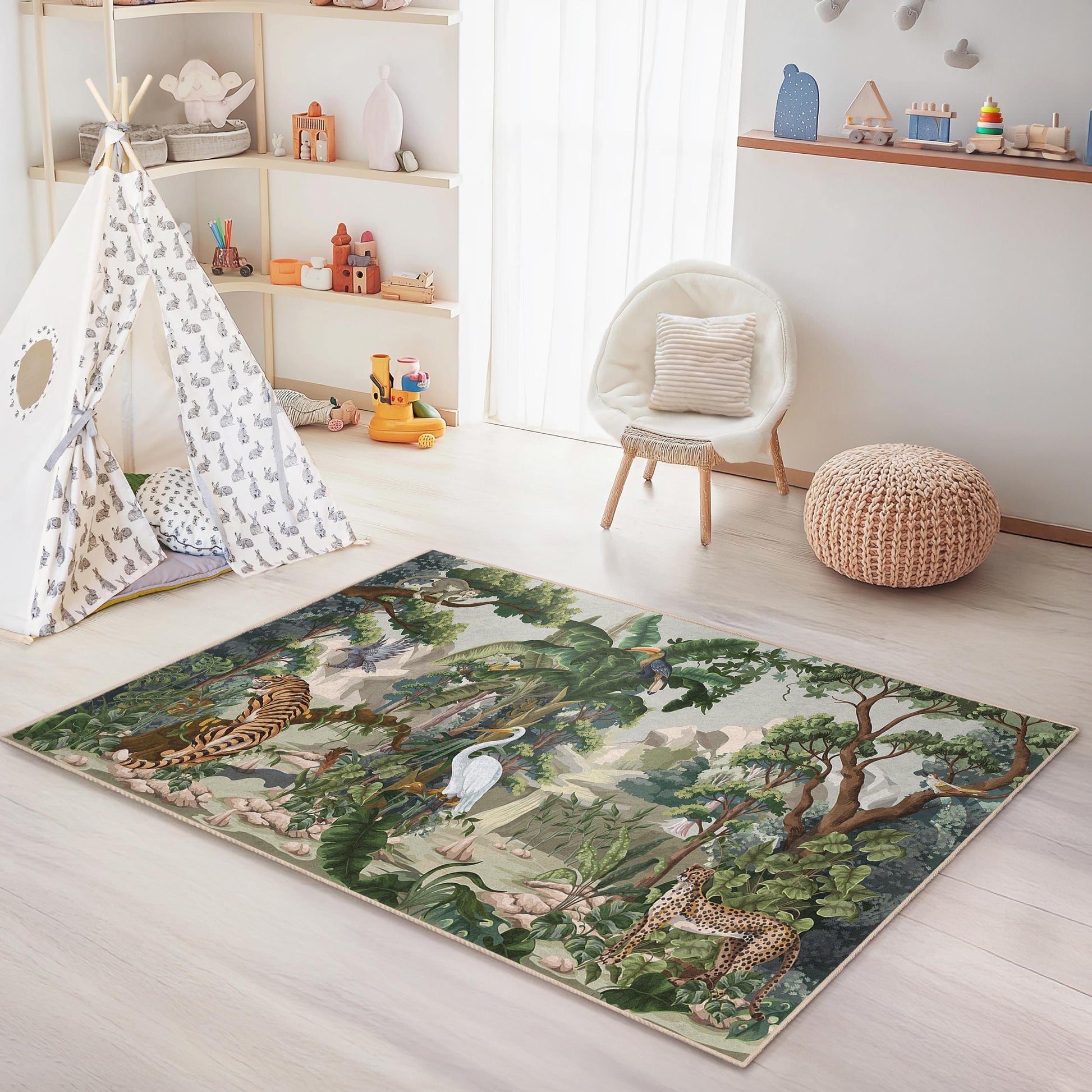 Jungle Adventure Rectangular Kids Rug, Animal Print Playmat, Safari Themed Nursery Rug, Jungle Decor for Childrens Room