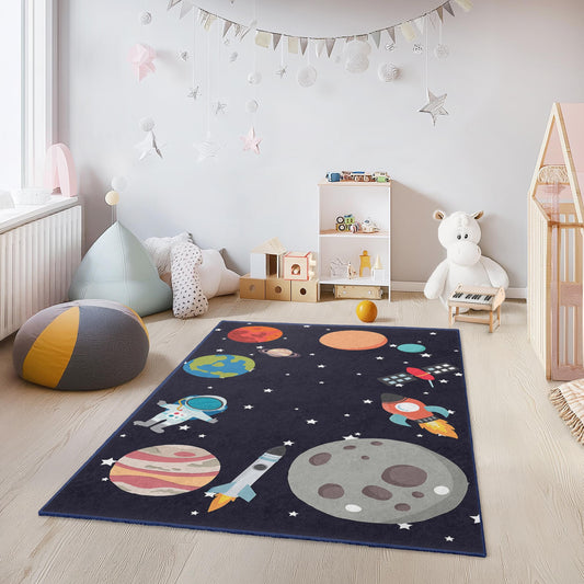 Outer Space Adventure Kids Rug, Rocket Ship and Planet Play Mat, Rectangle Kids Room Carpet, Astronaut Rug for Playroom Decor