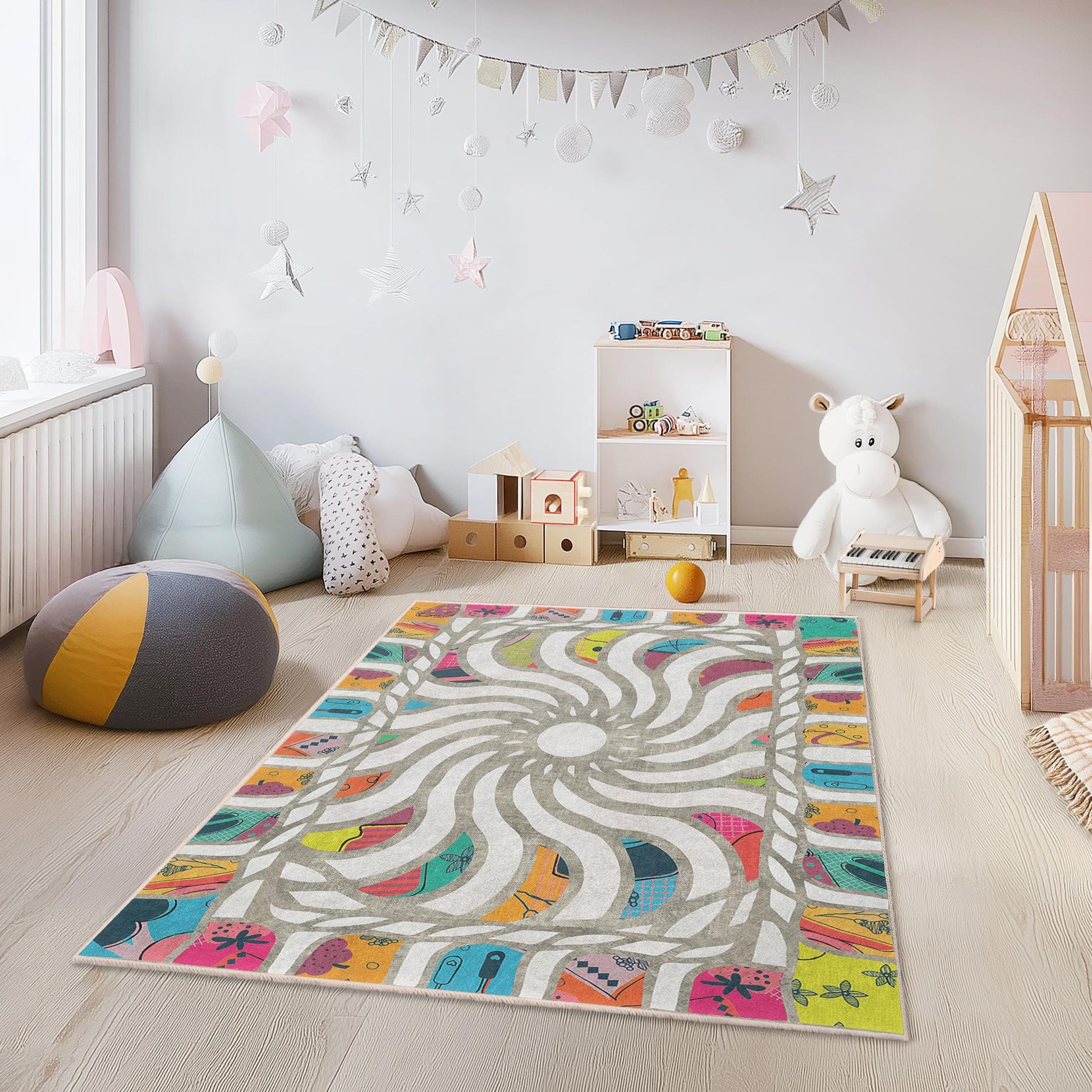 Colorful Sunburst Pattern Kids Rug, Rectangular Playroom Carpet, Vibrant Nursery Rug, Fun Childrens Room Decor, Soft Play Mat