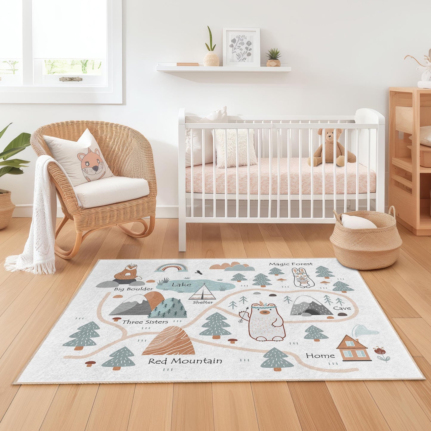Adventure Map Kids Rug, Rectangular Play Rug, Forest and Lake Theme Kids Carpet, Animal Play Mat for Nursery and Playroom